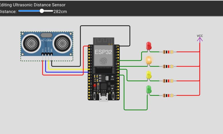Ultrasonic Water Level Detector with ESP32 & LED Indicators